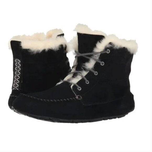 UGG Boots Size 6 Black Suede Leather Chickaree Mocassins Shearling Laceup Bootie - Picture 1 of 14